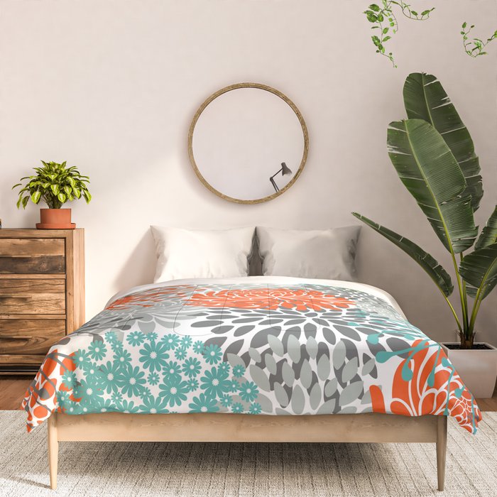 Orange and Teal Floral Abstract Print Comforter Gallery Image 3