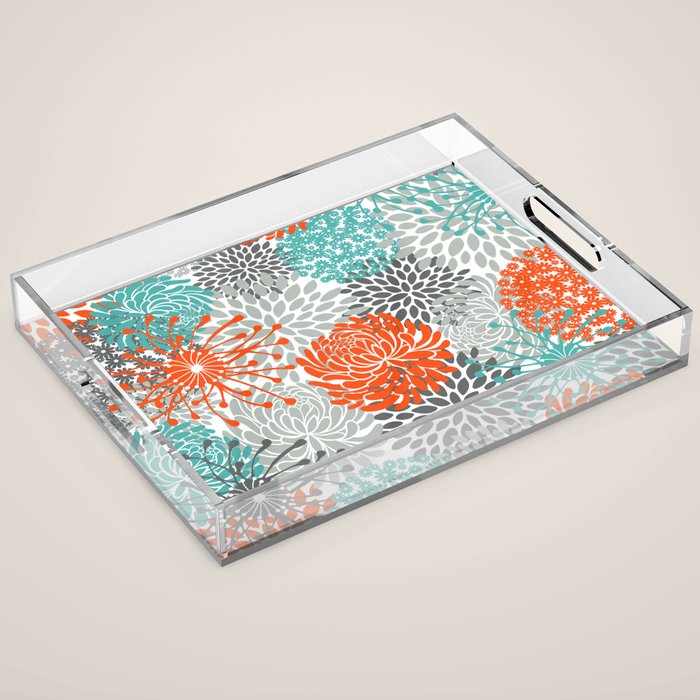 Orange and Teal Floral Abstract Print Acrylic Tray Gallery Image 1