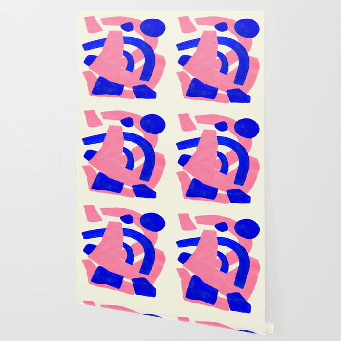 Blue Pink Fun Colorful Mid Century Modern Abstract Painting Shapes Pattern Wallpaper Gallery Image 2