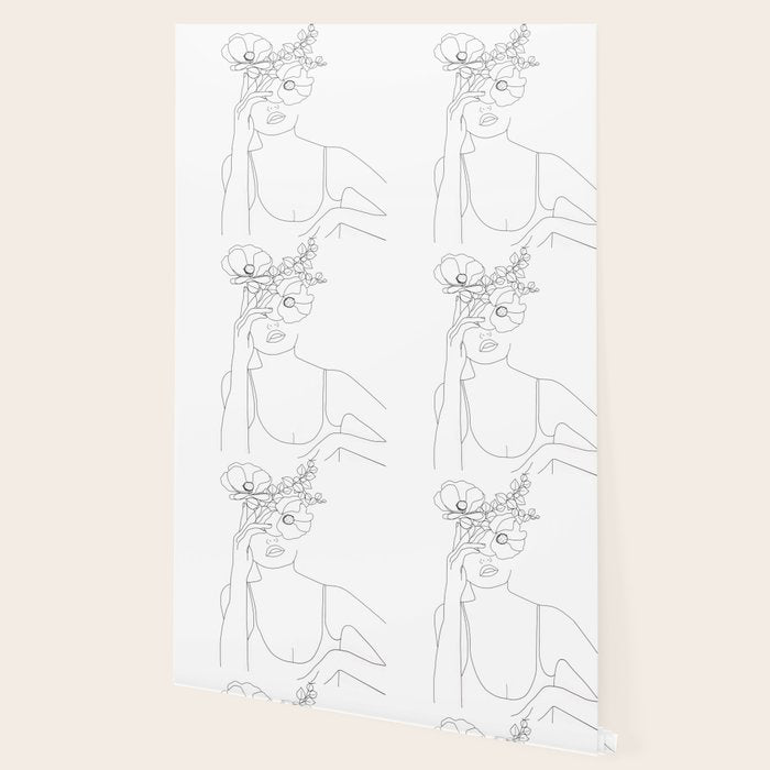 Minimal Line Art Woman with Flowers II Wallpaper Gallery Image 2