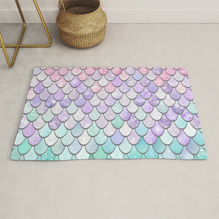 Cute Mermaid Pattern, Pink, Purple, Teal, Pastel Aesthetics Rug Gallery Image 1