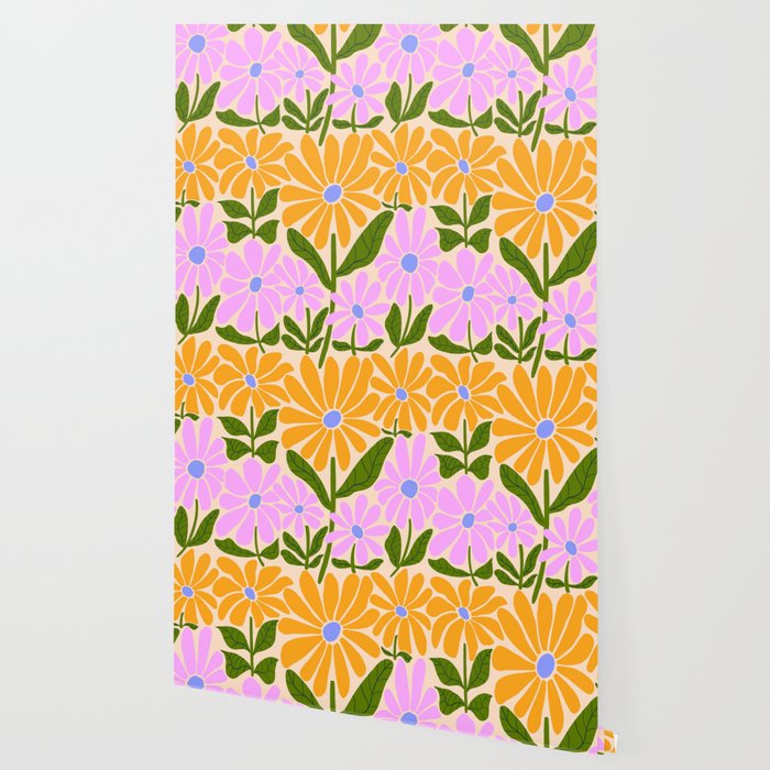 Retro Groovy Daisies - Orange, Pink, Very-Peri and Green  Wallpaper Gallery Image 2
