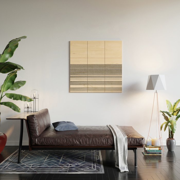 Organic Stripes - Minimalist Textured Line Pattern in Black and Almond Cream Wood Wall Art Gallery Image 2