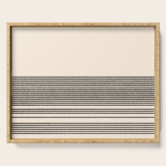 Organic Stripes - Minimalist Textured Line Pattern in Black and Almond Cream Serving Tray Gallery Image 1