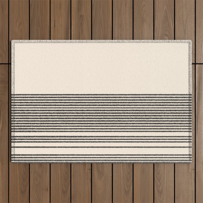 Organic Stripes - Minimalist Textured Line Pattern in Black and Almond Cream Outdoor Rug Gallery Image 1