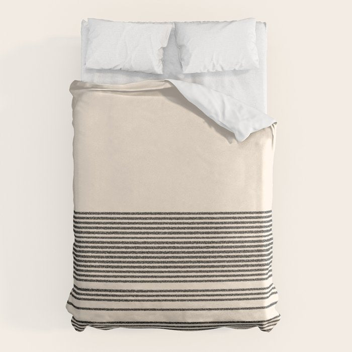 Organic Stripes - Minimalist Textured Line Pattern in Black and Almond Cream Duvet Cover Gallery Image 1