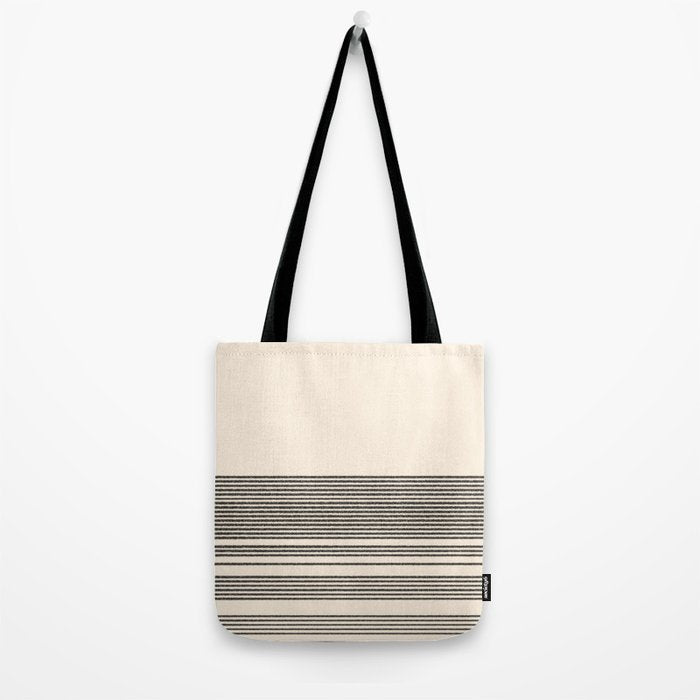 Organic Stripes - Minimalist Textured Line Pattern in Black and Almond Cream Tote Bag Gallery Image 2
