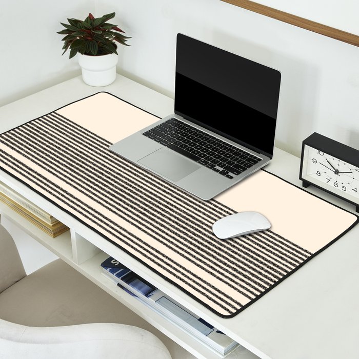 Organic Stripes - Minimalist Textured Line Pattern in Black and Almond Cream Desk Mat Gallery Image 2