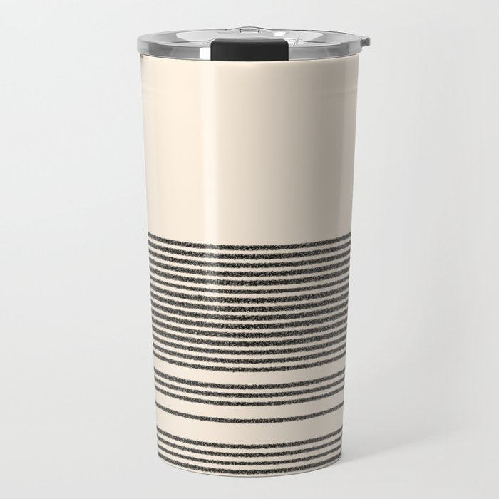 Organic Stripes - Minimalist Textured Line Pattern in Black and Almond Cream Travel Mug Gallery Image 1
