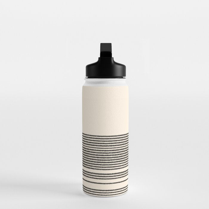 Organic Stripes - Minimalist Textured Line Pattern in Black and Almond Cream Water Bottle Gallery Image 3