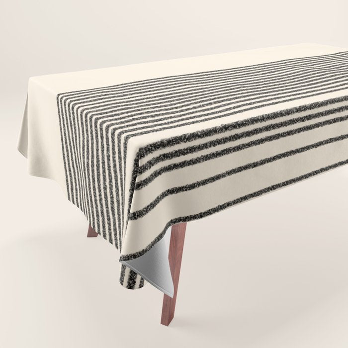 Organic Stripes - Minimalist Textured Line Pattern in Black and Almond Cream Tablecloth Gallery Image 1