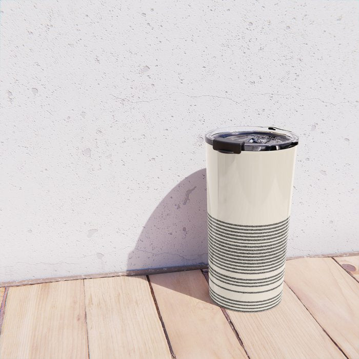 Organic Stripes - Minimalist Textured Line Pattern in Black and Almond Cream Travel Mug Gallery Image 4