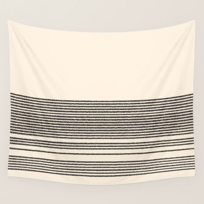 Organic Stripes - Minimalist Textured Line Pattern in Black and Almond Cream Wall Tapestry Gallery Image 4
