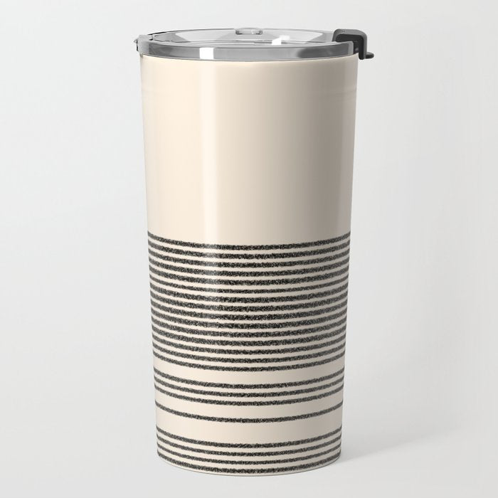 Organic Stripes - Minimalist Textured Line Pattern in Black and Almond Cream Travel Mug Gallery Image 2