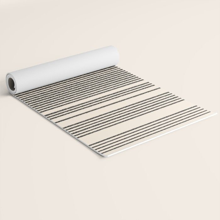 Organic Stripes - Minimalist Textured Line Pattern in Black and Almond Cream Yoga Mat Gallery Image 2
