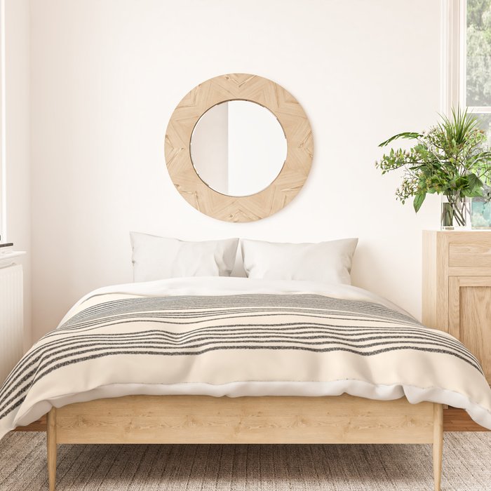 Organic Stripes - Minimalist Textured Line Pattern in Black and Almond Cream Duvet Cover Gallery Image 3