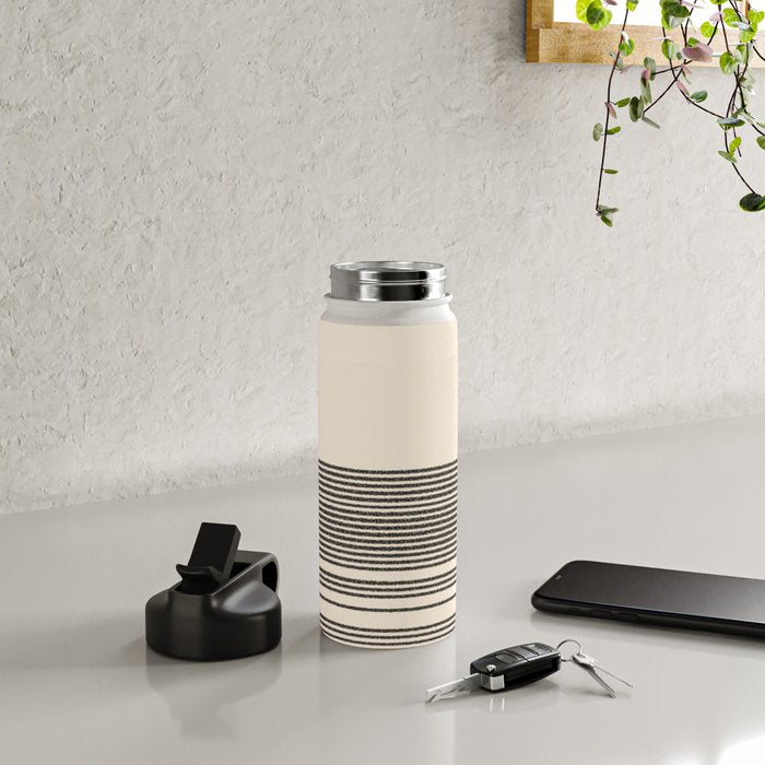 Organic Stripes - Minimalist Textured Line Pattern in Black and Almond Cream Water Bottle Gallery Image 5