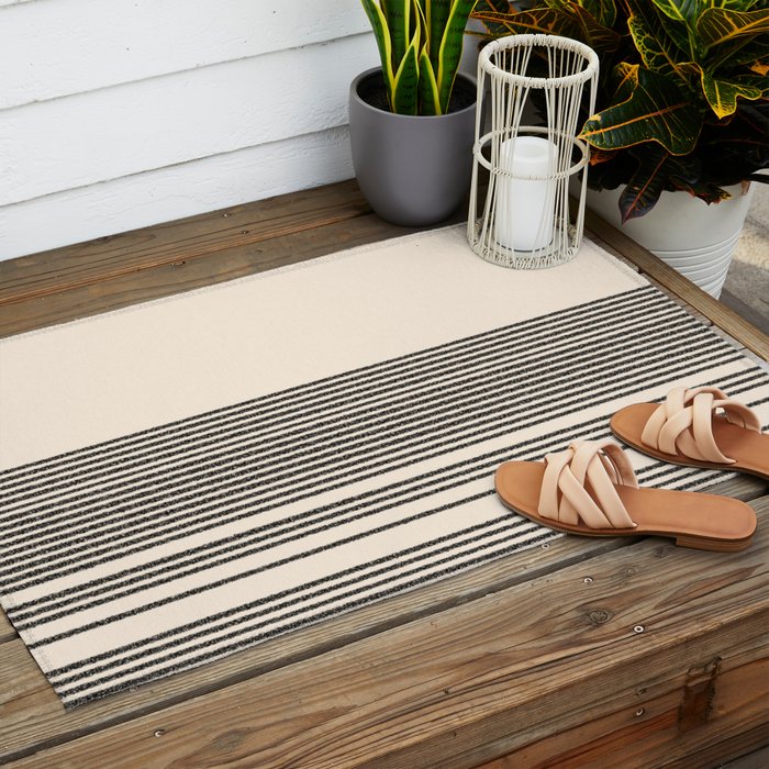 Organic Stripes - Minimalist Textured Line Pattern in Black and Almond Cream Outdoor Rug Gallery Image 2