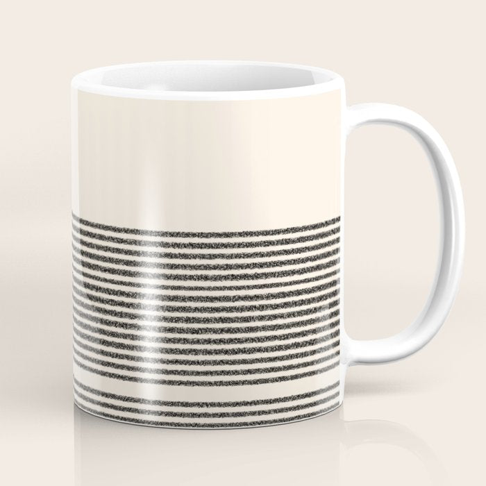 Organic Stripes - Minimalist Textured Line Pattern in Black and Almond Cream Coffee Mug Gallery Image 1