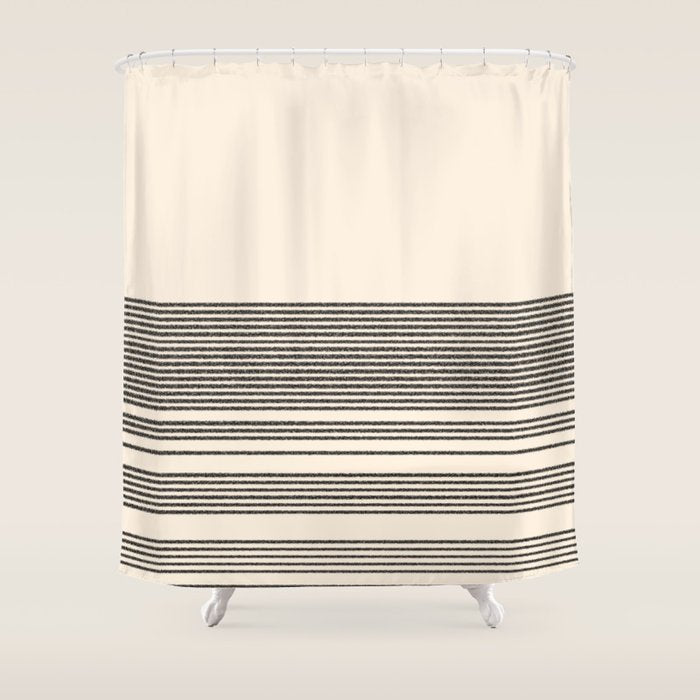 Organic Stripes - Minimalist Textured Line Pattern in Black and Almond Cream Shower Curtain Gallery Image 1