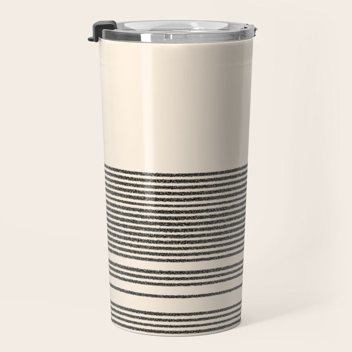 Organic Stripes - Minimalist Textured Line Pattern in Black and Almond Cream Travel Mug Gallery Image 3