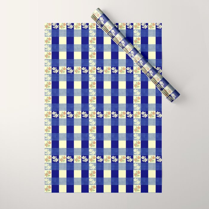 Vintage Blue Gingham with Flowers Wrapping Paper Gallery Image 1