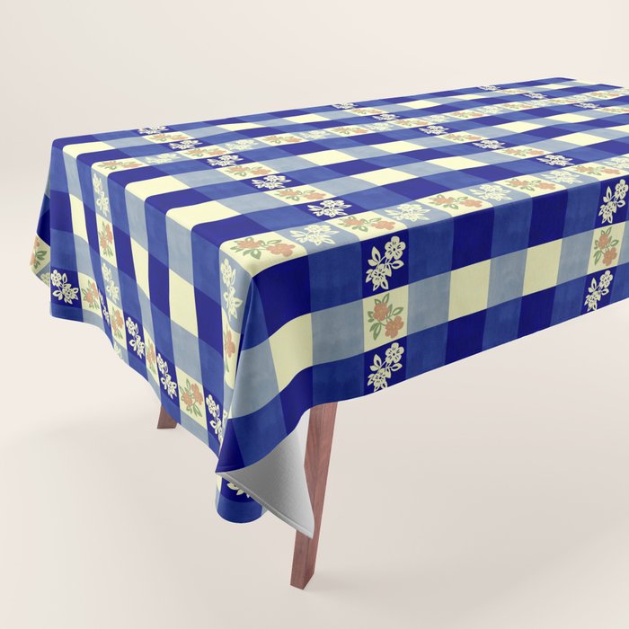 Vintage Blue Gingham with Flowers Tablecloth Gallery Image 1