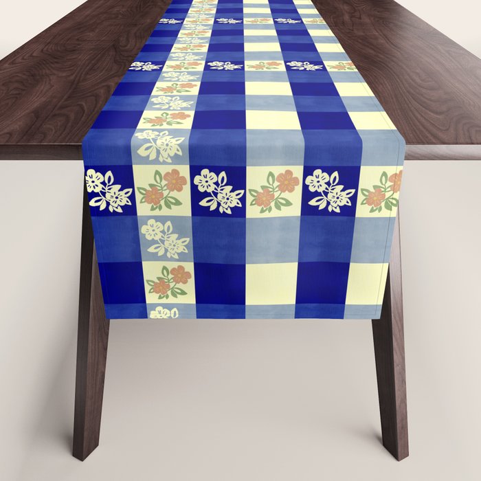 Vintage Blue Gingham with Flowers Table Runner Gallery Image 1