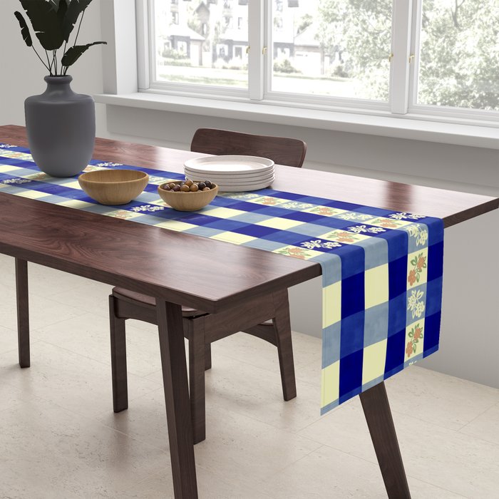 Vintage Blue Gingham with Flowers Table Runner Gallery Image 2