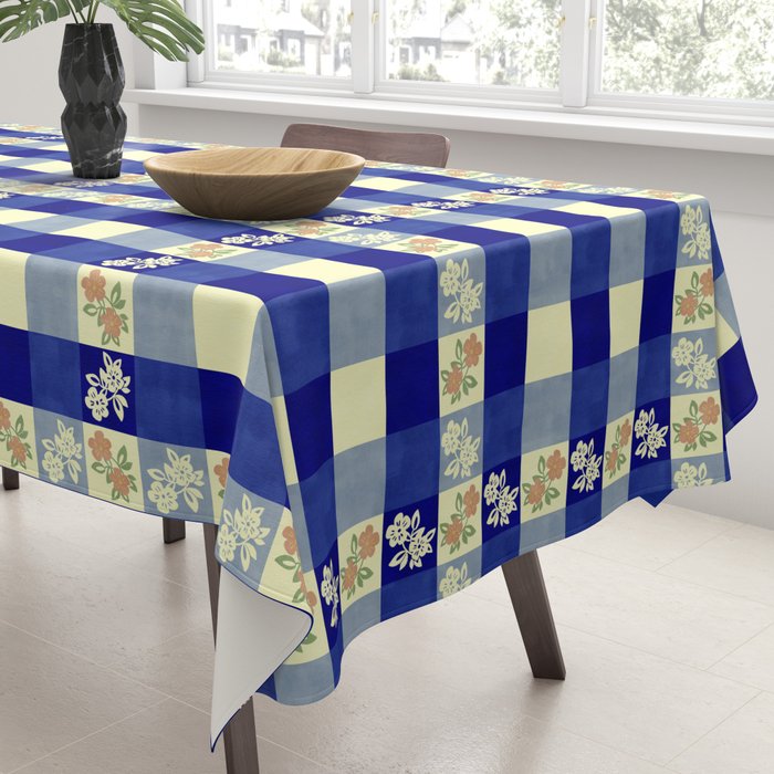 Vintage Blue Gingham with Flowers Tablecloth Gallery Image 3