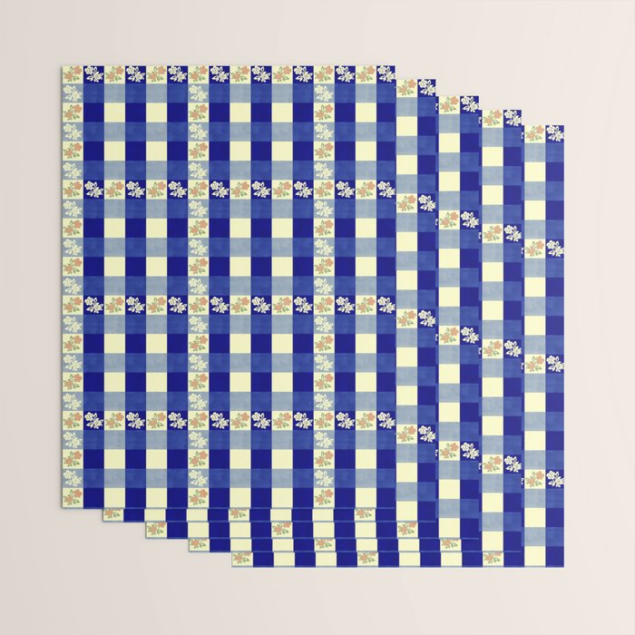 Vintage Blue Gingham with Flowers Wrapping Paper Gallery Image 3