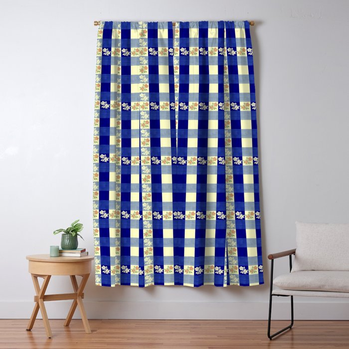 Vintage Blue Gingham with Flowers Window Curtain Gallery Image 1
