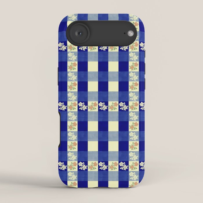 Vintage Blue Gingham with Flowers iPhone Case