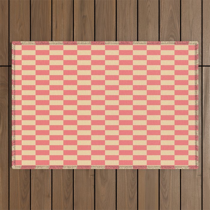 Narrow Check Pattern - Retro Coral and Cream Outdoor Rug Gallery Image 1