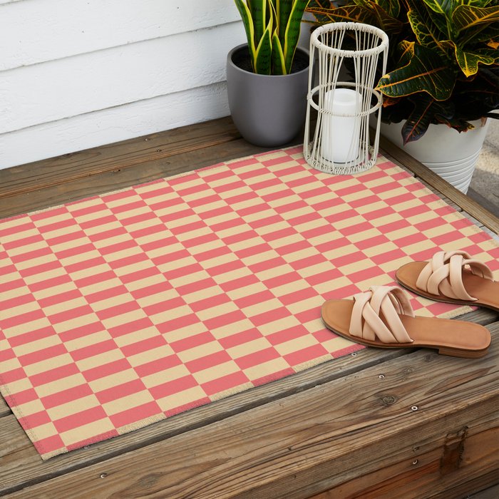 Narrow Check Pattern - Retro Coral and Cream Outdoor Rug Gallery Image 2