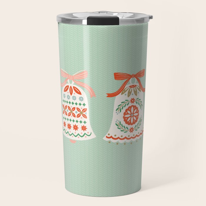 Folk Art Holiday Bells - Light Green Travel Mug Gallery Image 1