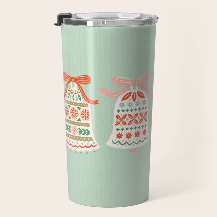 Folk Art Holiday Bells - Light Green Travel Mug Gallery Image 3
