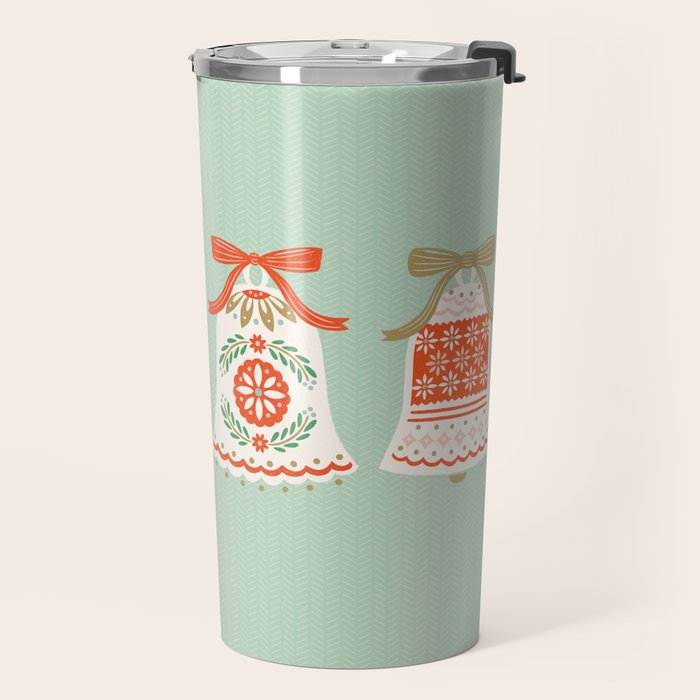 Folk Art Holiday Bells - Light Green Travel Mug Gallery Image 2