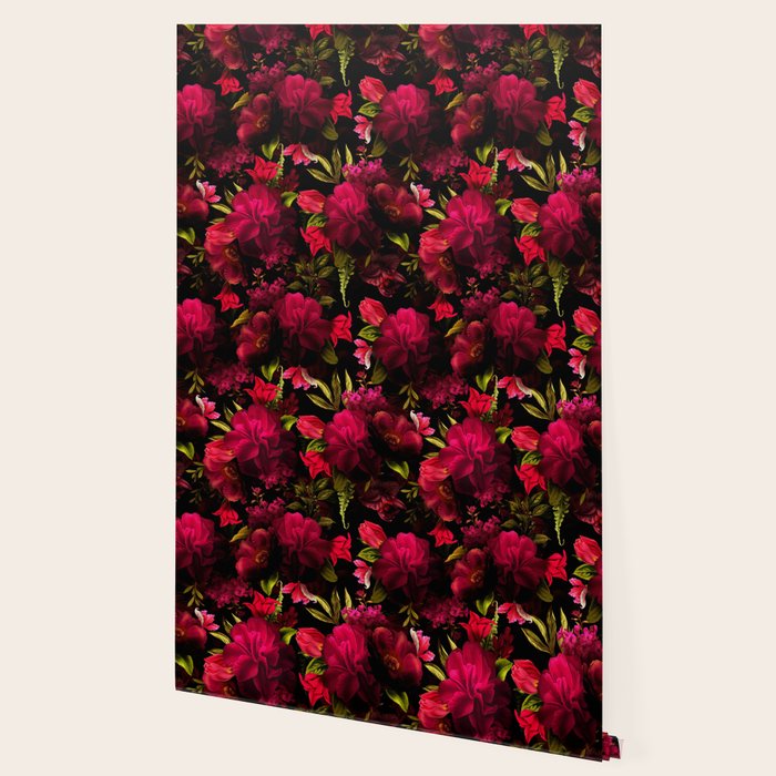 Vintage & Shabby Chic - Dark Red Antique Night Roses Botanical Garden Wallpaper Gallery Image 2