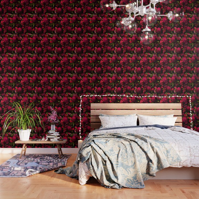 Vintage & Shabby Chic - Dark Red Antique Night Roses Botanical Garden Wallpaper Gallery Image 1