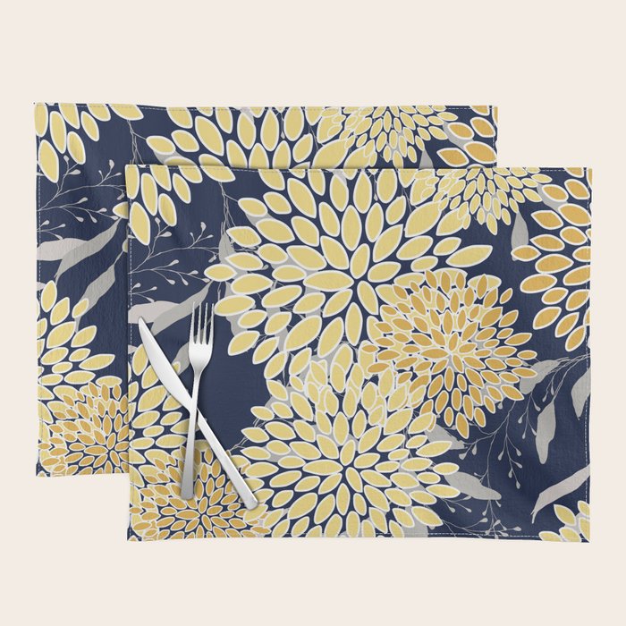 Floral Leaves and Blooms, Yellow and Navy Blue Placemat Gallery Image 1