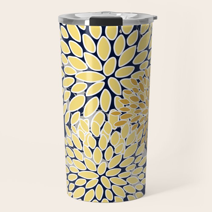 Floral Leaves and Blooms, Yellow and Navy Blue Travel Mug Gallery Image 1