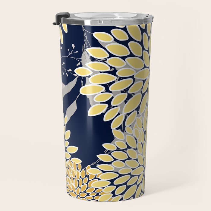 Floral Leaves and Blooms, Yellow and Navy Blue Travel Mug Gallery Image 3