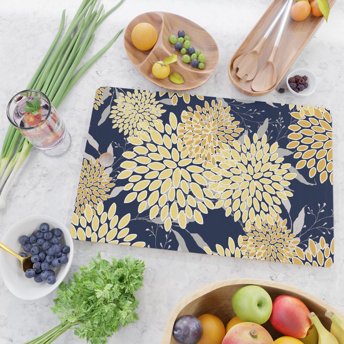 Floral Leaves and Blooms, Yellow and Navy Blue Cutting Board Gallery Image 2