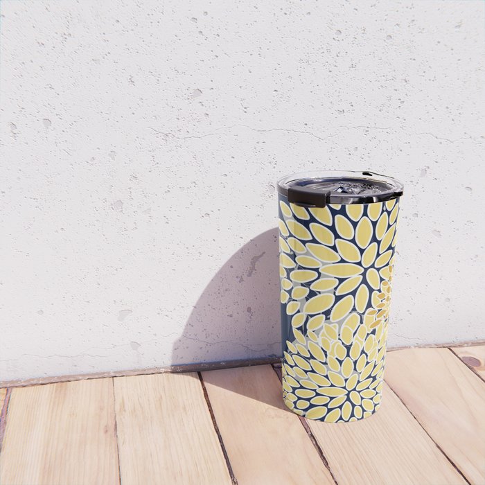 Floral Leaves and Blooms, Yellow and Navy Blue Travel Mug Gallery Image 4