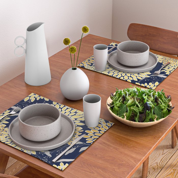 Floral Leaves and Blooms, Yellow and Navy Blue Placemat Gallery Image 2