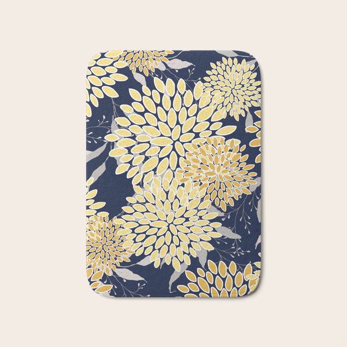 Floral Leaves and Blooms, Yellow and Navy Blue Bath Mat Gallery Image 1