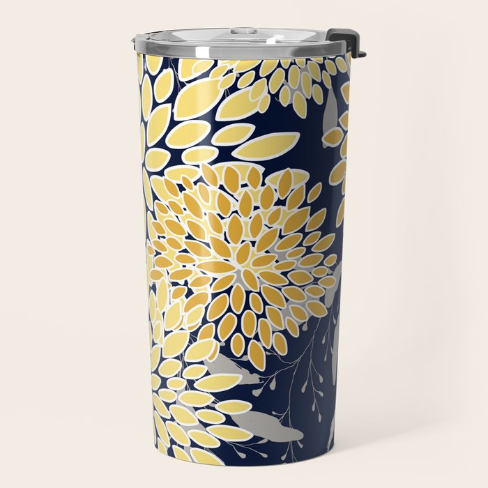 Floral Leaves and Blooms, Yellow and Navy Blue Travel Mug Gallery Image 2