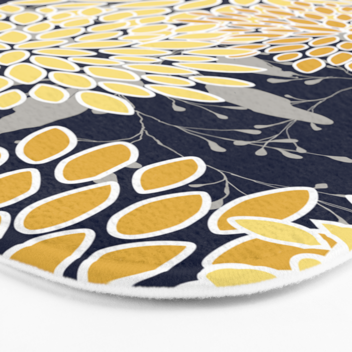 Floral Leaves and Blooms, Yellow and Navy Blue Bath Mat Gallery Image 3