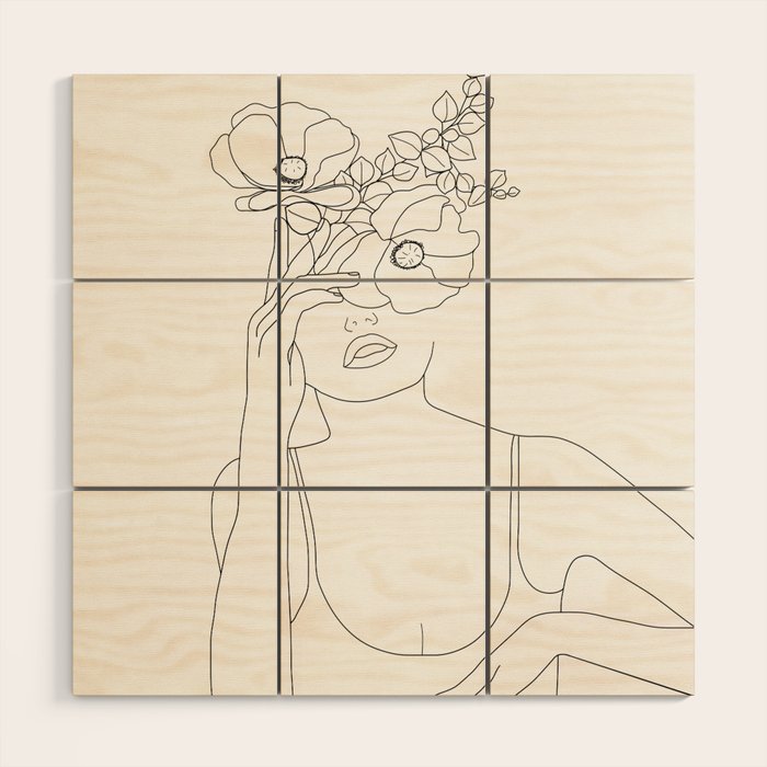 Minimal Line Art Woman with Flowers II Wood Wall Art Gallery Image 1